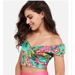 Express x Rocky Barnes Tropical Floral Off Shoulder Crop Top Teal Pink Small
